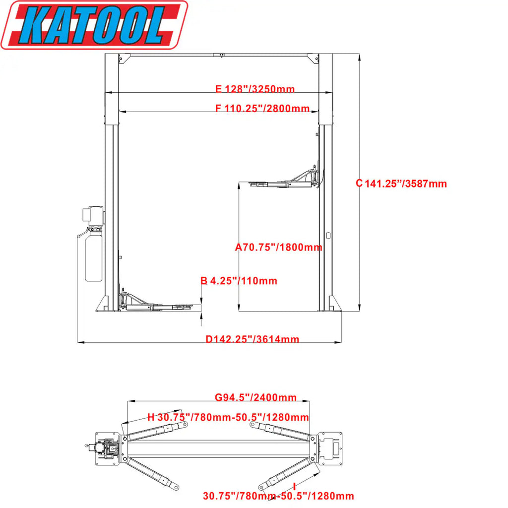 Katool KT-H100 Two-Post Overhead Lift – 10,000 lb Capacity