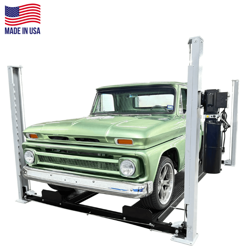 Triumph USA8000 8,000lb 4 Post Lift - Made in USA Side View with Car Lifting low