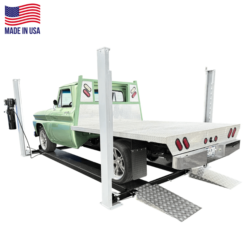 USA8000XLT 8,000lb 4 Post Lift - Made in USA - Side View with car