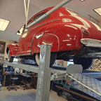 NSS8X-1  4 Post lift with red antique car Michae's Garage Install from Virginia
