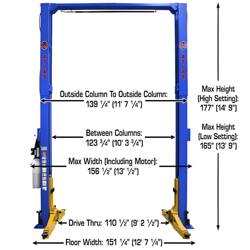 Atlas PVL12, 12,000 lb 2 Post Lift - Extra Wide & Tall - ALI Certified