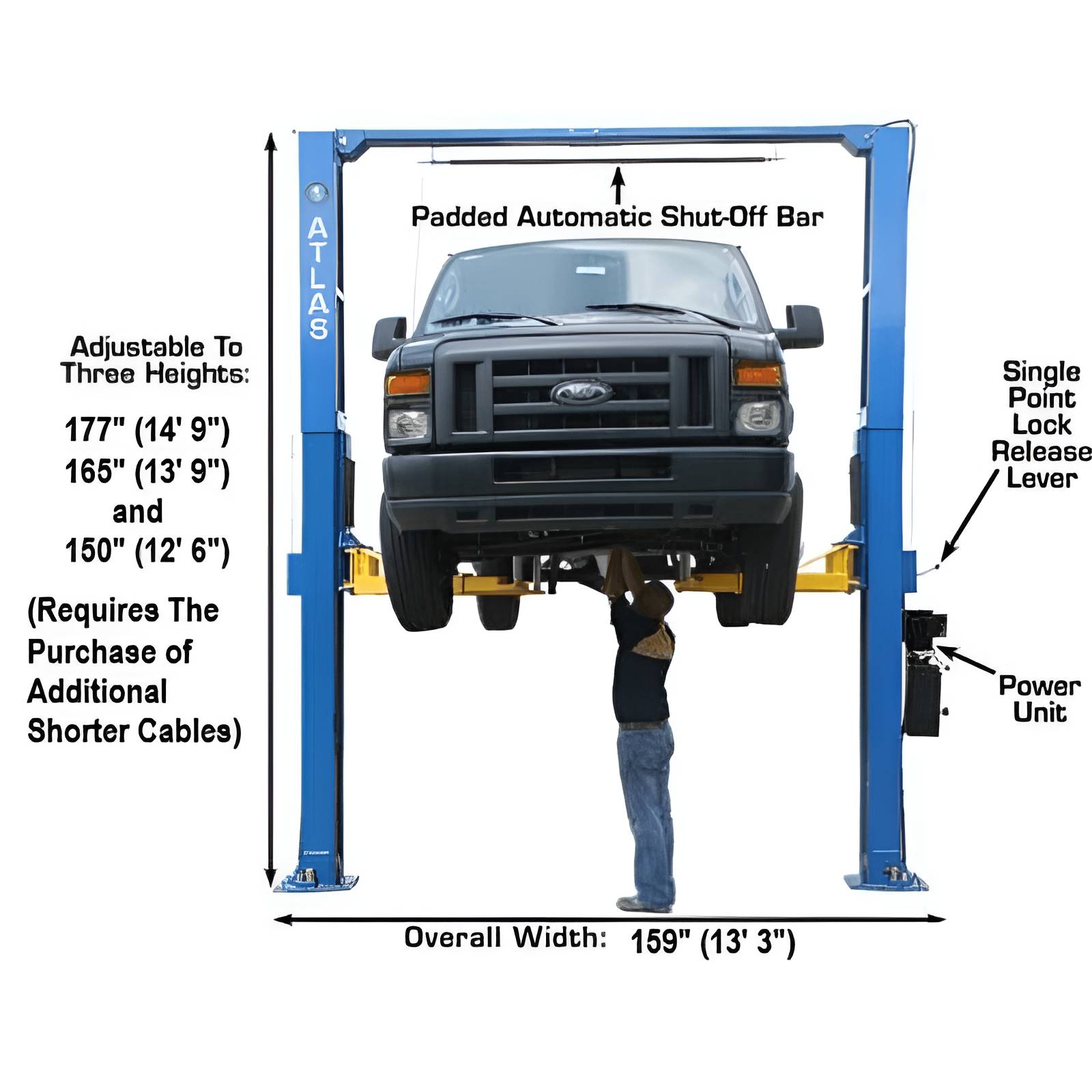 Atlas PV12PX 12,000 lb 2 Post Lift - Adjustable Height