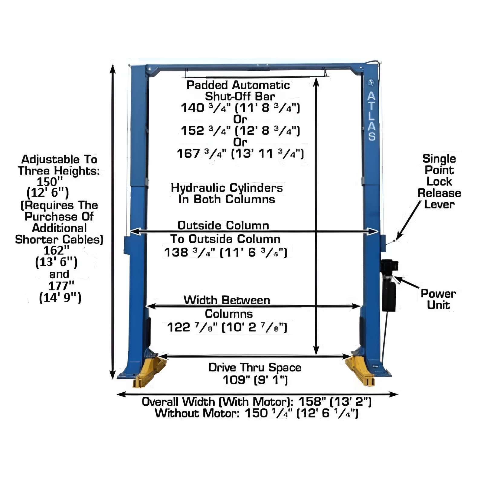 Atlas PV15PX 15,000lb 2 Post Lift - Adjustable Height