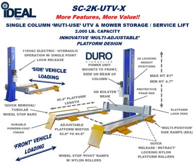 iDEAL Single Column UTV & Mower Storage/ Service Lift