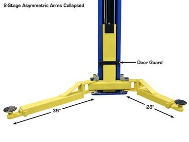 Portable lift with collapsed asymmetric arms, ideal for safe and efficient material handling in indu.