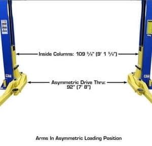 Post lift with inside columns and asymmetric drive for vehicle maintenance.