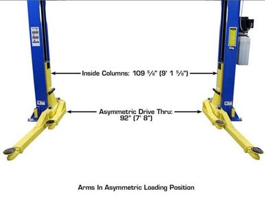 Post lift with inside columns and asymmetric drive for vehicle maintenance.