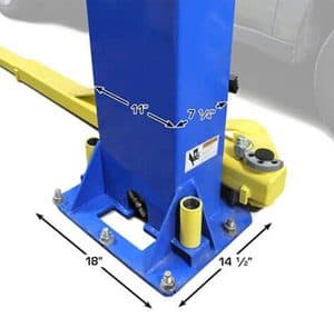 Blue and yellow vehicle lift with measurements for safe car servicing.