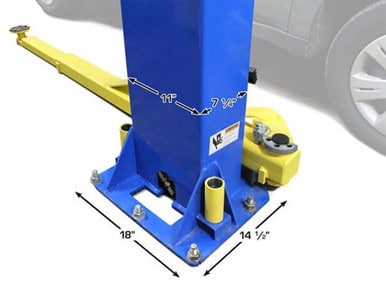 Blue and yellow vehicle lift with measurements for safe car servicing.