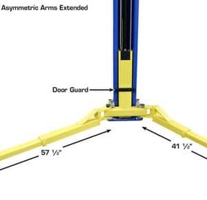Industrial lift with asymmetric arms and door guard for heavy-duty lifting.