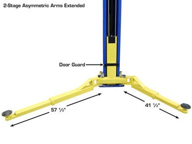 Industrial lift with asymmetric arms and door guard for heavy-duty lifting.