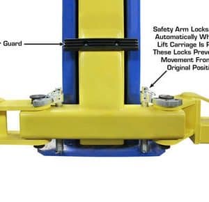 Safety arm lock system on industrial lift for secure operation.