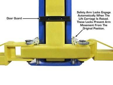 Safety arm lock system on industrial lift for secure operation.