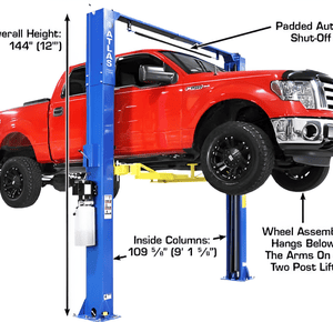 Heavy-duty red pickup truck on Triumph Lift Us vehicle lift system.