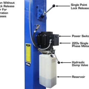 Hydraulic lift system with lock release, power switch, and reservoir for industrial use.