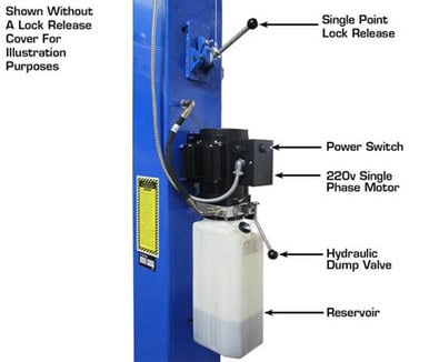 Hydraulic lift system with lock release, power switch, and reservoir for industrial use.
