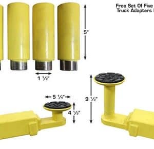 Set of five yellow truck adapters with black rubber tops for lifting and maintenance.